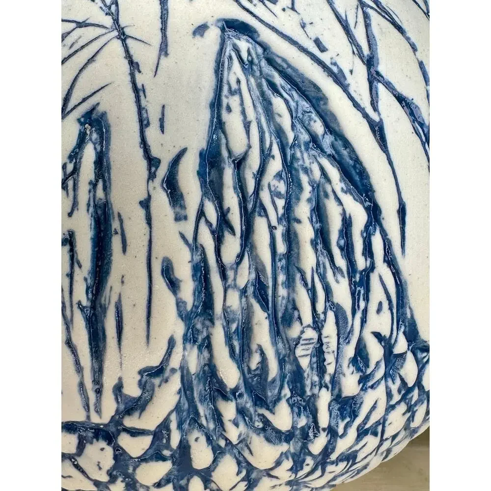 Large Studio Pottery Vase Blue White Textured Forest Trees Cottagecore Décor 11”